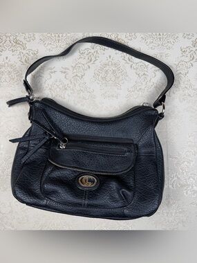 Black Faux Leather Shoulder Bag, CL, Pockets, Organized